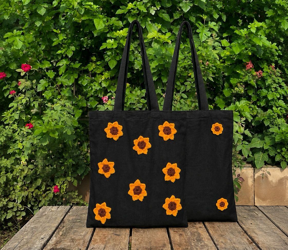 Crochet Black Sunflower Tote bag